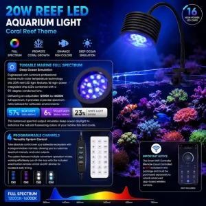 Aquarium Light 20W Full Spectrum LED for Coral Reef Fish Tanks 6-15 In Gooseneck
